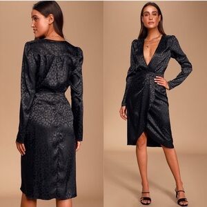 LULU’S Wild Times Black Leopard Satin Long Sleeve Bodysuit